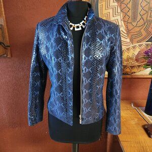 Modesto Bertotto Italian Black & Blue Faux Shiny Snakeskin Zip Front Jacket